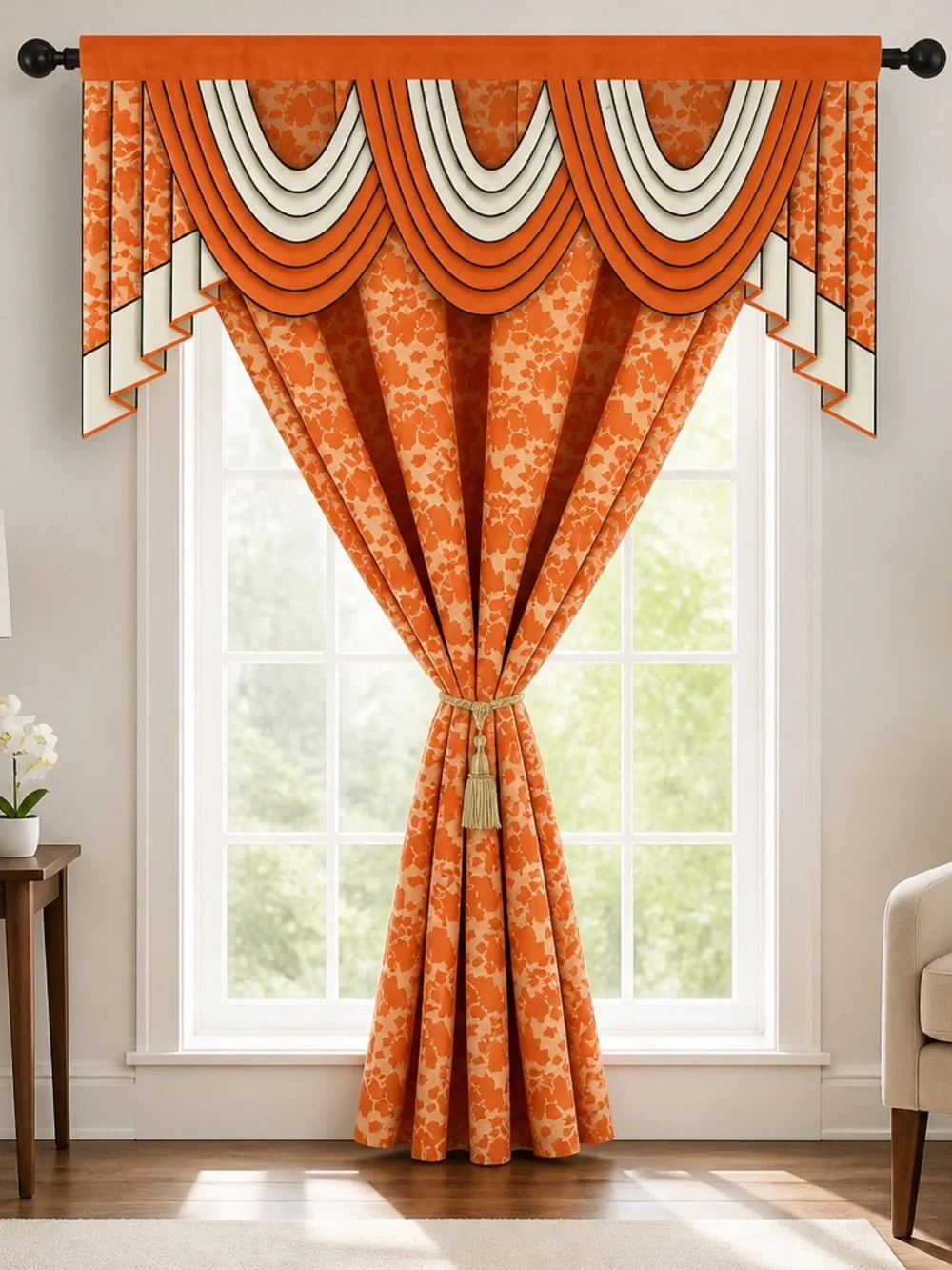 Orange Floral Layered Swag Curtain Set with Contrast Trim